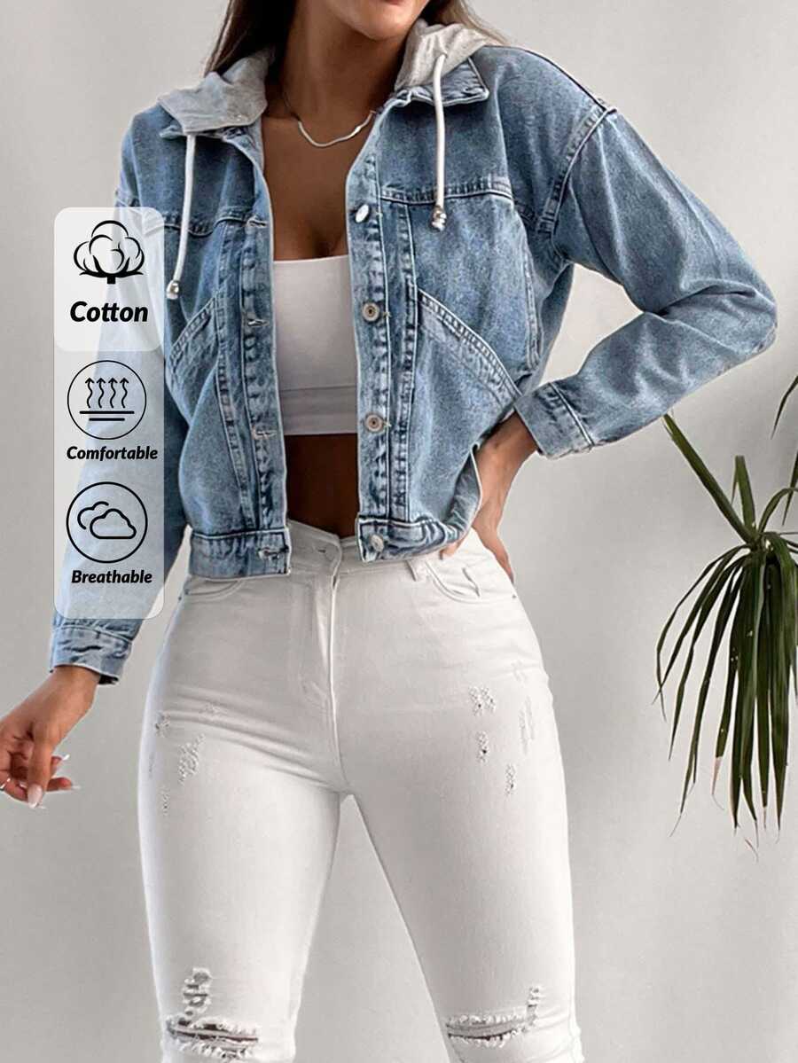 SHEIN Cottnline 100%Cotton Drop Shoulder Drawstring Hooded Denim Jacket - Light Wash - View 1