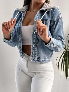 SHEIN Cottnline 100%Cotton Drop Shoulder Drawstring Hooded Denim Jacket - Light Wash - View 4