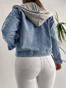 SHEIN Cottnline 100%Cotton Drop Shoulder Drawstring Hooded Denim Jacket - Light Wash - View 2