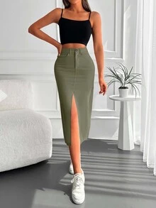 Cottnline High Waist Split Thigh Denim Skirt - Khaki - View 5