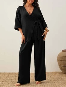 SHEIN Cottnline Women's Plain Casual Traditional Asymmetric Short Sleeve Top And Casual Wide Leg Pants Brunch Formal Black Autumn - Black - View 3