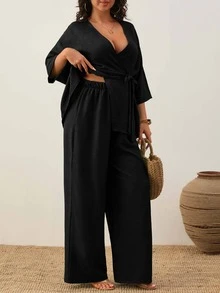 SHEIN Cottnline Women's Plain Casual Traditional Asymmetric Short Sleeve Top And Casual Wide Leg Pants Brunch Formal Black Autumn - Black - View 5