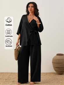 SHEIN Cottnline Women's Plain Casual Traditional Asymmetric Short Sleeve Top And Casual Wide Leg Pants Brunch Formal Black Autumn - Black - View 1