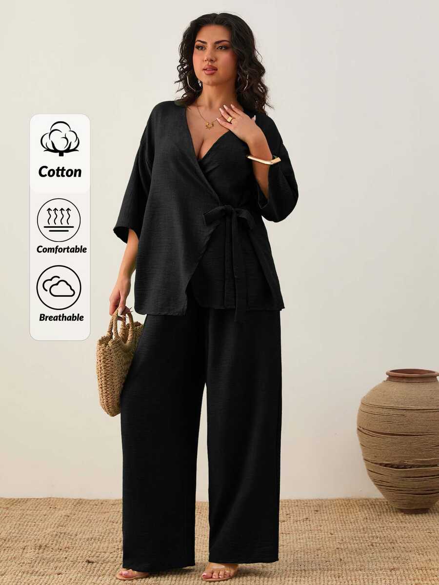SHEIN Cottnline Women's Plain Casual Traditional Asymmetric Short Sleeve Top And Casual Wide Leg Pants Brunch Formal Black Autumn - Black - View 1