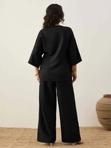 SHEIN Cottnline Women's Plain Casual Traditional Asymmetric Short Sleeve Top And Casual Wide Leg Pants Brunch Formal Black Autumn - Black - View 2