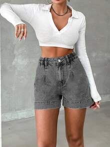EURMUSE Ladies Solid Color Simple Denim Shorts,Summer Daily - Grey - View 5