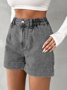 EURMUSE Ladies Solid Color Simple Denim Shorts,Summer Daily - Grey - View 3