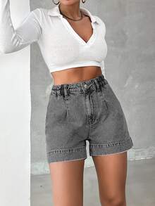 EURMUSE Ladies Solid Color Simple Denim Shorts,Summer Daily - Grey - View 4