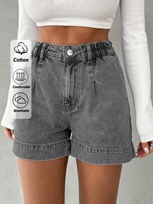EURMUSE Ladies Solid Color Simple Denim Shorts,Summer Daily - Grey - View 1