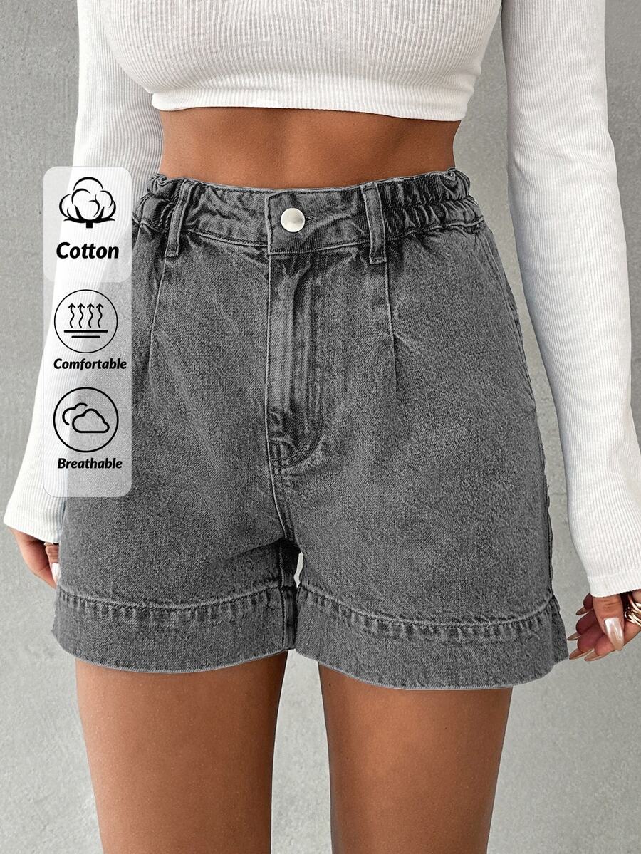 EURMUSE Ladies Solid Color Simple Denim Shorts,Summer Daily - Grey - View 1