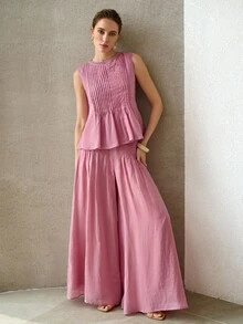 MOTF PREMIUM SPRING/SUMMER CASUAL LINEN FABRIC SLEEVELESS TOP WITH WOVEN TRIM AND WIDE LEG PANTS SET, ELEGANT COMMUTING OUTFIT - Purple - View 8