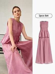 MOTF PREMIUM SPRING/SUMMER CASUAL LINEN FABRIC SLEEVELESS TOP WITH WOVEN TRIM AND WIDE LEG PANTS SET, ELEGANT COMMUTING OUTFIT - Purple - View 9