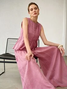 MOTF PREMIUM SPRING/SUMMER CASUAL LINEN FABRIC SLEEVELESS TOP WITH WOVEN TRIM AND WIDE LEG PANTS SET, ELEGANT COMMUTING OUTFIT - Purple - View 2