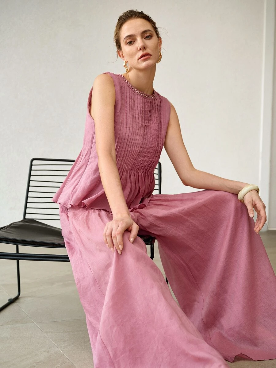 MOTF PREMIUM SPRING/SUMMER CASUAL LINEN FABRIC SLEEVELESS TOP WITH WOVEN TRIM AND WIDE LEG PANTS SET, ELEGANT COMMUTING OUTFIT