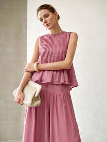 MOTF PREMIUM SPRING/SUMMER CASUAL LINEN FABRIC SLEEVELESS TOP WITH WOVEN TRIM AND WIDE LEG PANTS SET, ELEGANT COMMUTING OUTFIT - Purple - View 7