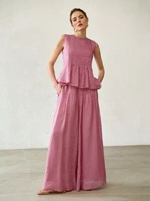 MOTF PREMIUM SPRING/SUMMER CASUAL LINEN FABRIC SLEEVELESS TOP WITH WOVEN TRIM AND WIDE LEG PANTS SET, ELEGANT COMMUTING OUTFIT - Purple - View 5