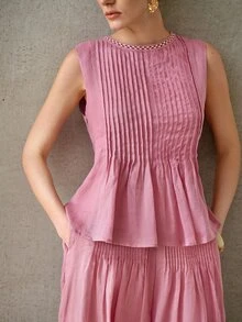 MOTF PREMIUM SPRING/SUMMER CASUAL LINEN FABRIC SLEEVELESS TOP WITH WOVEN TRIM AND WIDE LEG PANTS SET, ELEGANT COMMUTING OUTFIT - Purple - View 3
