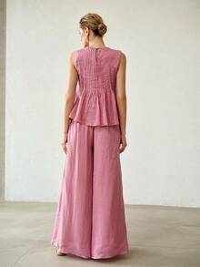 MOTF PREMIUM SPRING/SUMMER CASUAL LINEN FABRIC SLEEVELESS TOP WITH WOVEN TRIM AND WIDE LEG PANTS SET, ELEGANT COMMUTING OUTFIT - Purple - View 4