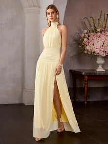 MOTF Soiréza ELEGANT WOMEN'S HALTER NECK OPEN BACK MAXI PARTY GOWN, SELF-TIE BOW DETAIL & DRAMATIC OPEN BACK, RUCHED WAIST ACCENT FOR FEMININE CURVES - Yellow - View 6