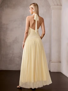 MOTF Soiréza ELEGANT WOMEN'S HALTER NECK OPEN BACK MAXI PARTY GOWN, SELF-TIE BOW DETAIL & DRAMATIC OPEN BACK, RUCHED WAIST ACCENT FOR FEMININE CURVES - Yellow - View 4