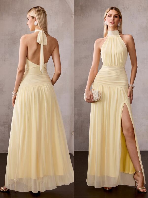 MOTF Soiréza ELEGANTE VESTIDO DE FIESTA MAXI CON CUELLO DE HALTER Y ESPALDA ABIERTA PARA MUJER | DETALLE DE LAZO AUTOANUDABLE Y ESPALDA ABIERTA DRAMÁTICA (ENCANTO ROMÁNTICO Y ELEGANCIA AUDAZ), ACENTO DE CINTURA FRUNCIDA PARA CURVAS FEMENINAS, VESTIDO DE CÓCTEL DE LONGITUD HASTA EL SUELO CON CAÍDA FLUIDA, TELA DE MALLA ELÁSTICA PARA UN AJUSTE CÓMODO Y CEÑIDO AL Body, PERFECTO PARA LA FRESCURA DE PRIMAVERA-VERANO (ATRACTIVO VERSÁTIL DE TONOS PASTEL) PARA BODAS DE PRIMAVERA, FIESTAS DE JARDÍN, NOCHES DE GRADUACIÓN, GALAS NOCTURNAS, FIESTAS DE PLAYA DE VERANO, CELEBRACIONES DEL DÍA DE LA MADRE, EVENTOS AL AIRE LIBRE EN EL BOSQUE Y ELEGANTES FIESTAS DE CUMPLEAÑOS