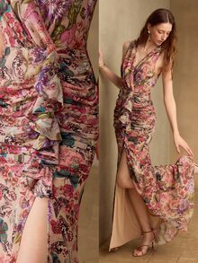 MOTF PREMIUM ELEGANT SUMMER SLEEVELESS EVENING DRESS FOR WOMEN, FLORAL BUTTERFLY PRINT, DEEP V-NECK RUCHED WAIST HIGH SLIT HEM, DRESS FOR PARTY, WEDDING - Multicolor - View 10