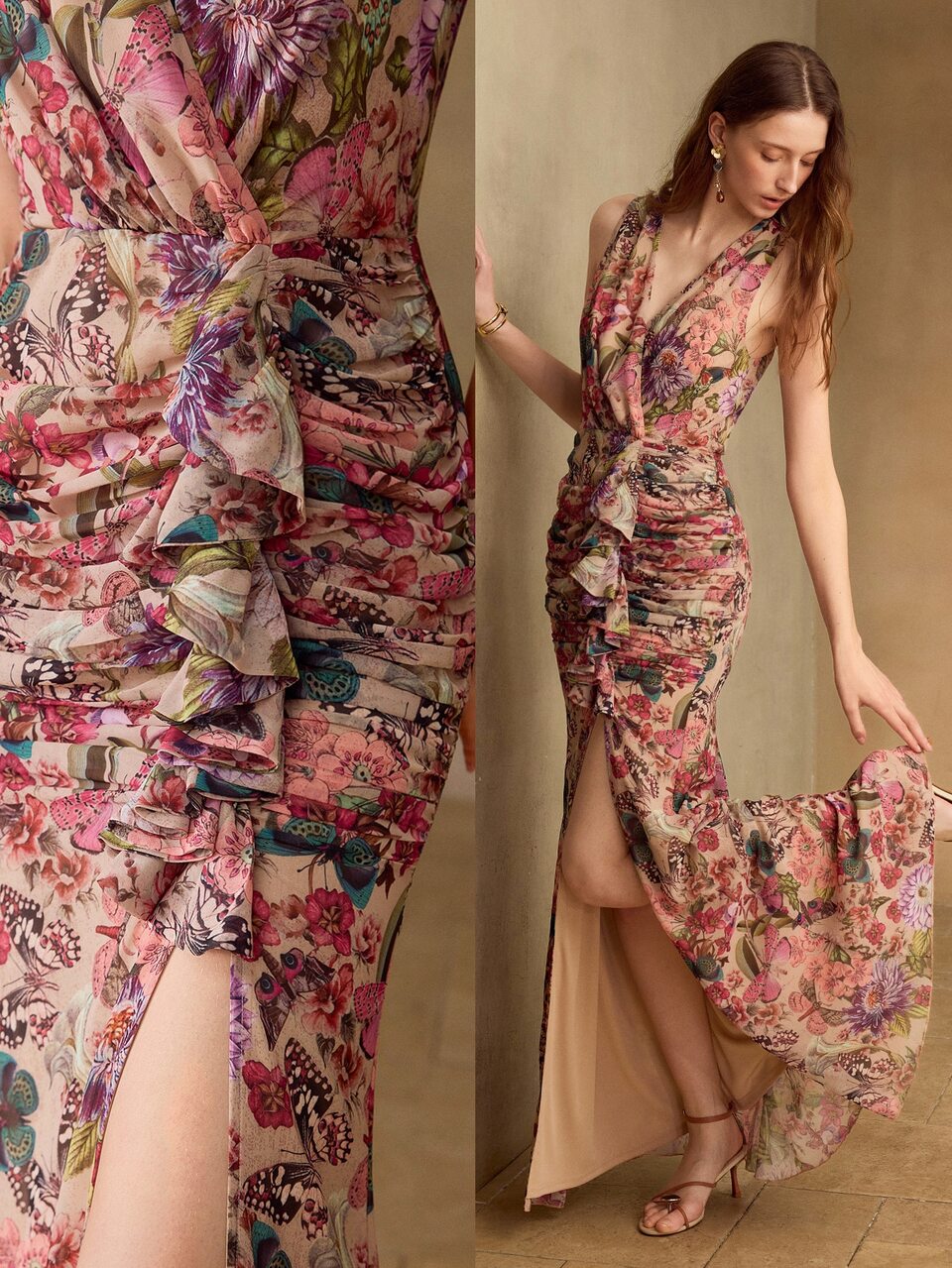 MOTF ELEGANT SUMMER SLEEVELESS EVENING DRESS FOR WOMEN, FLORAL BUTTERFLY PRINT, DEEP V-NECK RUCHED WAIST HIGH SLIT HEM, DRESS FOR PARTY, WEDDING
