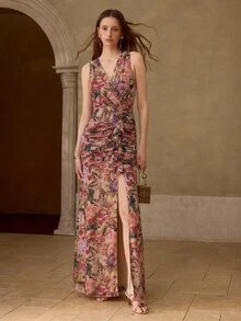 MOTF PREMIUM ELEGANT SUMMER SLEEVELESS EVENING DRESS FOR WOMEN, FLORAL BUTTERFLY PRINT, DEEP V-NECK RUCHED WAIST HIGH SLIT HEM, DRESS FOR PARTY, WEDDING - Multicolor - View 7