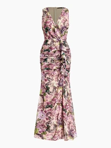 MOTF PREMIUM ELEGANT SUMMER SLEEVELESS EVENING DRESS FOR WOMEN, FLORAL BUTTERFLY PRINT, DEEP V-NECK RUCHED WAIST HIGH SLIT HEM, DRESS FOR PARTY, WEDDING - Multicolor - View 3