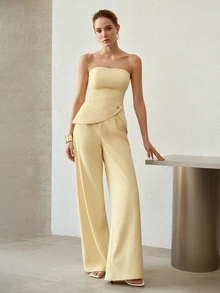 MOTF PREMIUM YELLOW STRAPLESS ELEGANT CASUAL COMMUTE 2 PIECES SET WITH ROSE BUTTON DECOR, SLIMMING - Yellow - View 1
