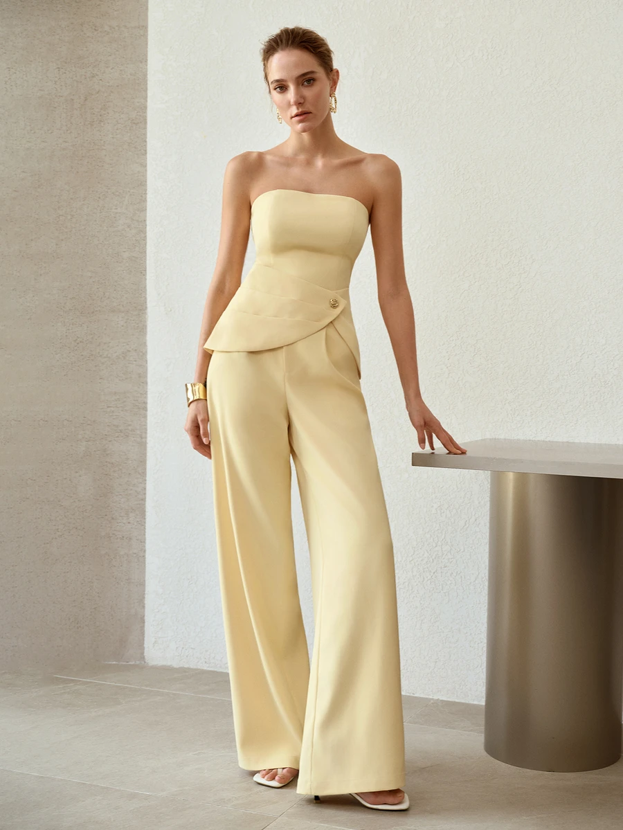 MOTF PREMIUM YELLOW STRAPLESS ELEGANT CASUAL COMMUTE 2 PIECES SET WITH ROSE BUTTON DECOR, SLIMMING - Yellow - View 1