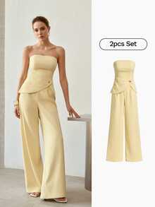 MOTF PREMIUM YELLOW STRAPLESS ELEGANT CASUAL COMMUTE 2 PIECES SET WITH ROSE BUTTON DECOR, SLIMMING - Yellow - View 6