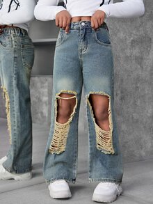 SHEIN Explorewe 少女水洗做旧阔腿宽松牛仔裤 - 芥末黃 - 查看 1