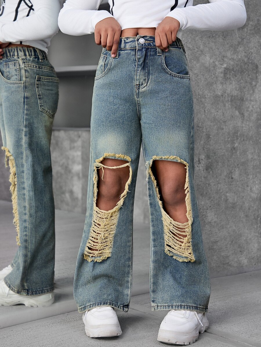 SHEIN Explorewe 少女水洗做旧阔腿宽松牛仔裤 - 芥末黃 - 查看 1