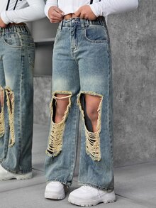 SHEIN Explorewe 少女水洗做旧阔腿宽松牛仔裤 - 芥末黃 - 查看 4