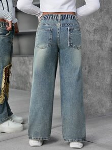 SHEIN Explorewe 少女水洗做旧阔腿宽松牛仔裤 - 芥末黃 - 查看 2
