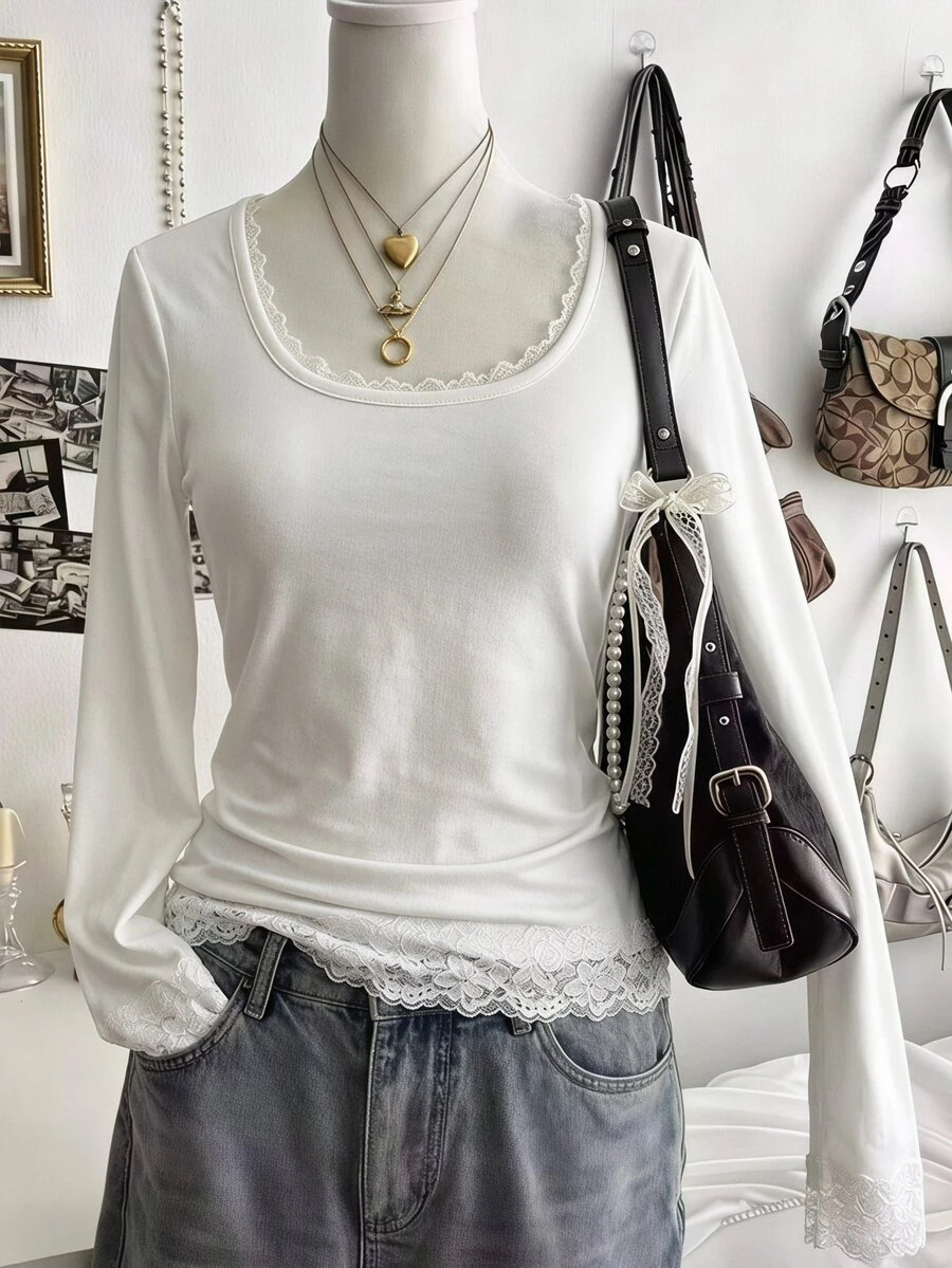 SHEIN 青少年女孩白色修身長袖上衣,蕾絲領口、袖口與下擺設計,適合春季秋季日常上學穿著 - 白色 - 查看 1