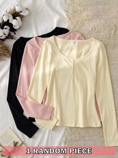 Teen Girls Cream Ruched Long Sleeve T-Shirt With Fake Button Placket For Spring Autumn School Daily Wear
