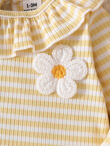 SHEIN 新生女嬰白色針織條紋卡通櫻桃印花荷葉領長袖上衣搭配同款長褲，可愛甜美優雅，舒適面料，適合居家與戶外活動 - 黃色 - 查看 7