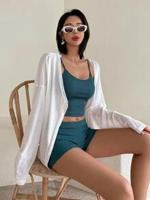 DAZY 女士纯色落肩和服罩衫夏季薄纱Y2k风格，沙滩装度假装 - 白色 - 查看 3