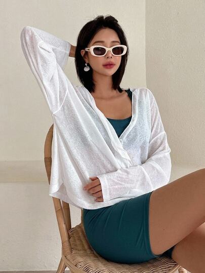 DAZY 女士纯色落肩和服罩衫夏季薄纱Y2k风格，沙滩装度假装