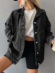 SHEIN Tall 女款休閒水洗牛仔上衣，秋冬節慶優雅返校休閒度假正式商務牛仔女郎基本款黑色高身長 - 黑色 - 查看 6