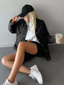 SHEIN Tall 女款休閒水洗牛仔上衣，秋冬節慶優雅返校休閒度假正式商務牛仔女郎基本款黑色高身長 - 黑色 - 查看 7