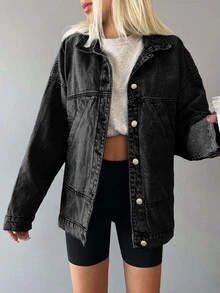 SHEIN Tall 女款休閒水洗牛仔上衣，秋冬節慶優雅返校休閒度假正式商務牛仔女郎基本款黑色高身長 - 黑色 - 查看 5
