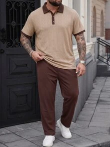 DRIVNCORE Men's Plus Size Jacquard Short Sleeve Polo Shirt And Woven Long Pants 2pcs Set,Beige,Chocolate Brown,Summer,Smart Casual,Tropical,Vacation Outfits - Coffee Brown - View 3