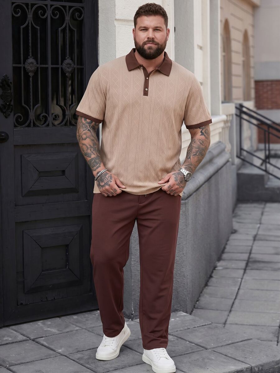 DRIVNCORE Men's Plus Size Jacquard Short Sleeve Polo Shirt And Woven Long Pants 2pcs Set,Beige,Chocolate Brown,Summer,Smart Casual,Tropical,Vacation Outfits - Coffee Brown - View 1