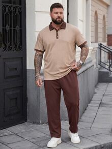 DRIVNCORE Men's Plus Size Jacquard Short Sleeve Polo Shirt And Woven Long Pants 2pcs Set,Beige,Chocolate Brown,Summer,Smart Casual,Tropical,Vacation Outfits - Coffee Brown - View 4