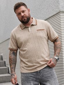 DRIVNCORE 加大码男士条纹纹理纽扣短袖 Polo 衫，适合通勤和日常穿着 - 卡其色 - 查看 3