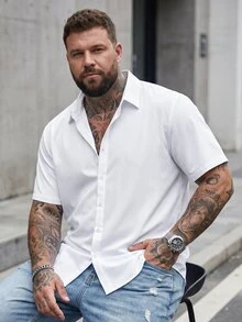 DRIVNCORE 大尺碼男士白色細條紋正裝襯衫，夏季休閒度假基本款短袖鈕扣襯衫，抗皺修身商務通勤度假穿搭 - 白色 - 查看 3