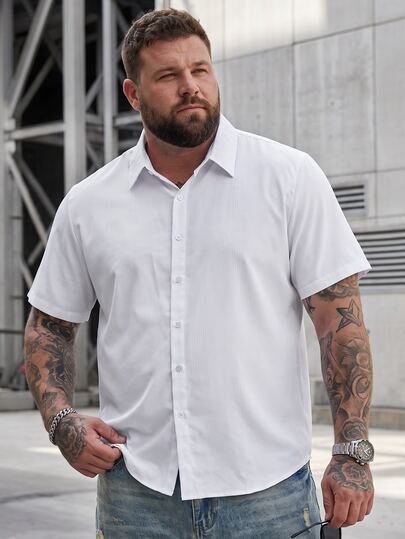 DRIVNCORE Plus Size Men's White Pinstripe Dress Shirt, Summer Casual Vacation Basic Short Sleeve Button-Down Shirt, Wrinkle-Resistant Slim Fit Business Commute, Holiday